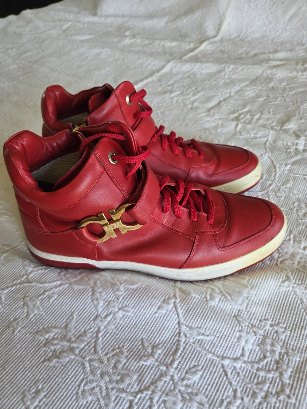 Salvatore Ferragamo | Nayon Red Leather High-Top Sneaker with Gold Logo
